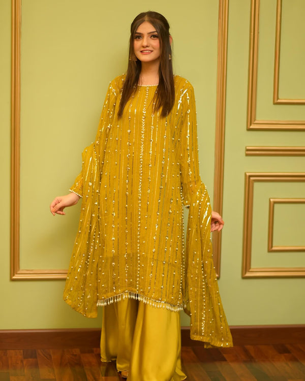 Hania Amir Pure Chiffon Perl Embroidery -YELLOW