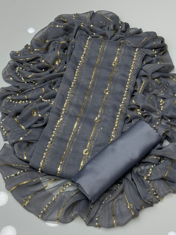 Hania Amir Pure Chiffon Perl Embroidery -GREY