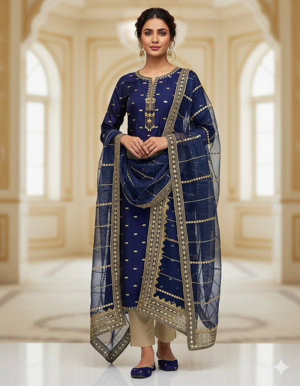 4Pc 9mm Mirror Full Heavy Embroidered Gift Pack with Shoes Free D-Nevy Blue