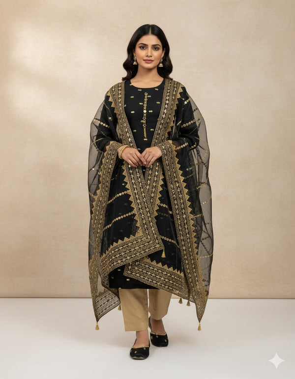 4Pc 9mm Mirror Full Heavy Embroidered Gift Pack with Shoes Free D-Black