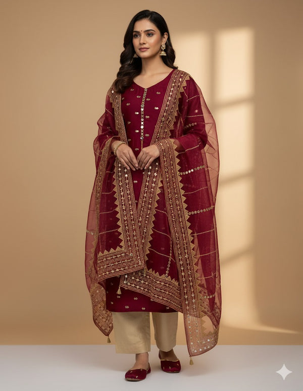 4Pc 9mm Mirror Full Heavy Embroidered Gift Pack with Shoes Free D-Mehroon