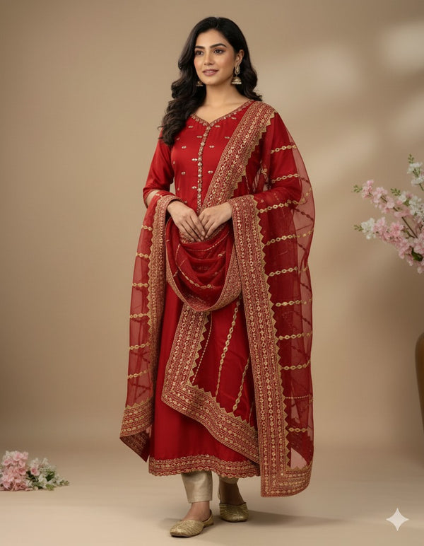 4Pc 9mm Mirror Full Heavy Embroidered Gift Pack with Shoes Free D-Red