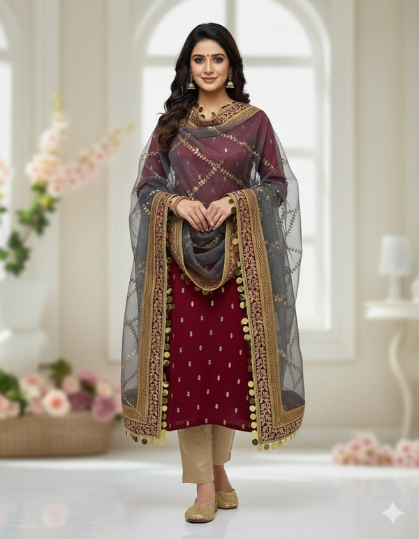 4Pc Double Border Full Heavy Embroidered Gift Pack with Shoes Free D-Grey