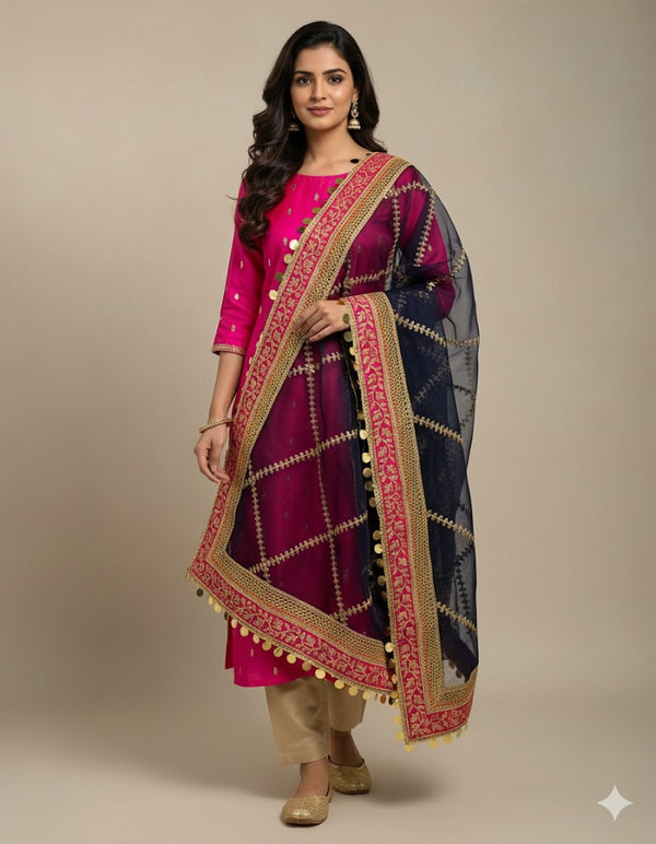 4Pc Double Border Full Heavy Embroidered Gift Pack with Shoes Free D-Nevy Blue